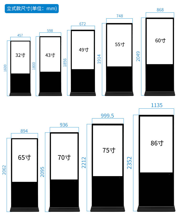 立式廣告機尺寸對照表